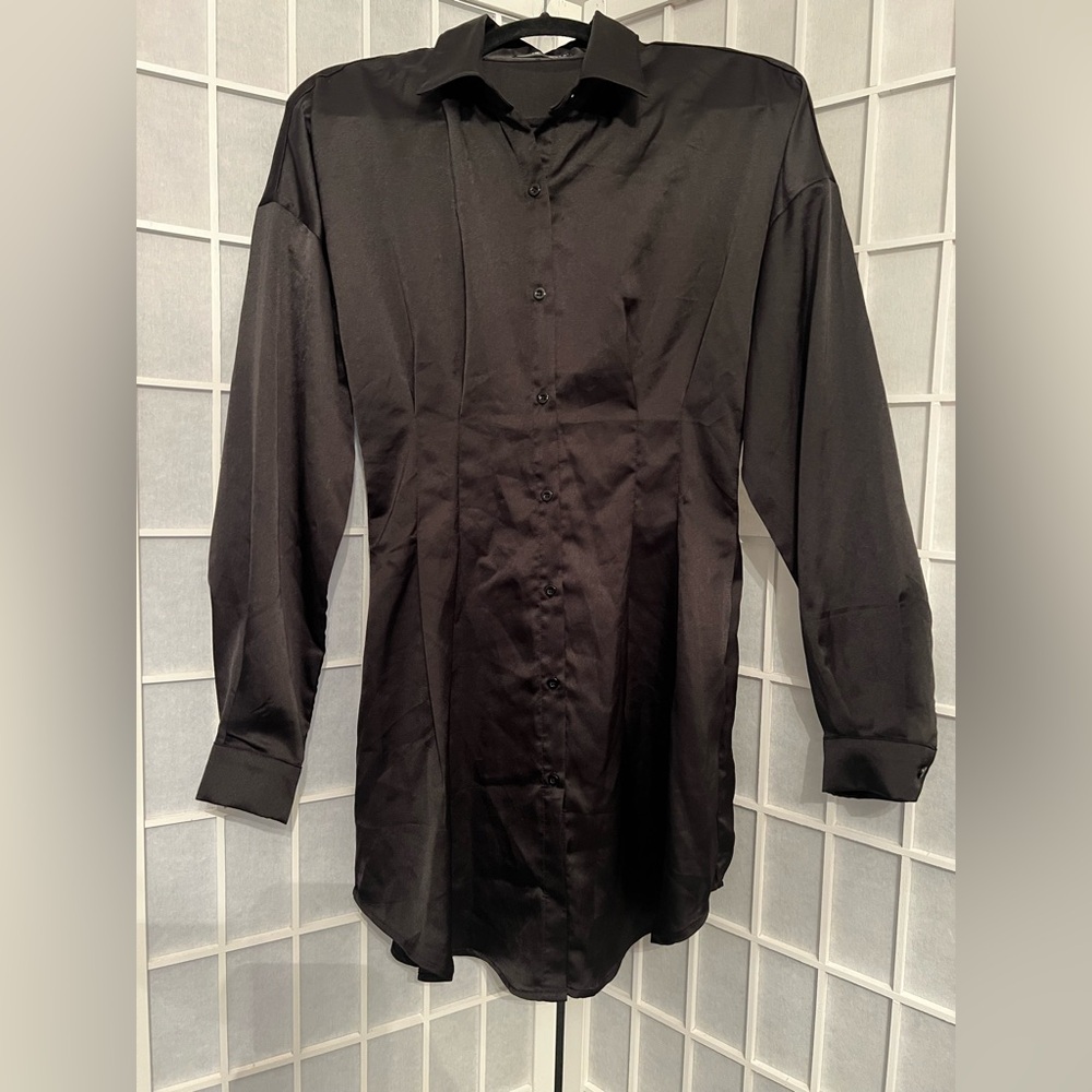 SHEIN Black Satin Button-Up Tunic Top Shirt Dress